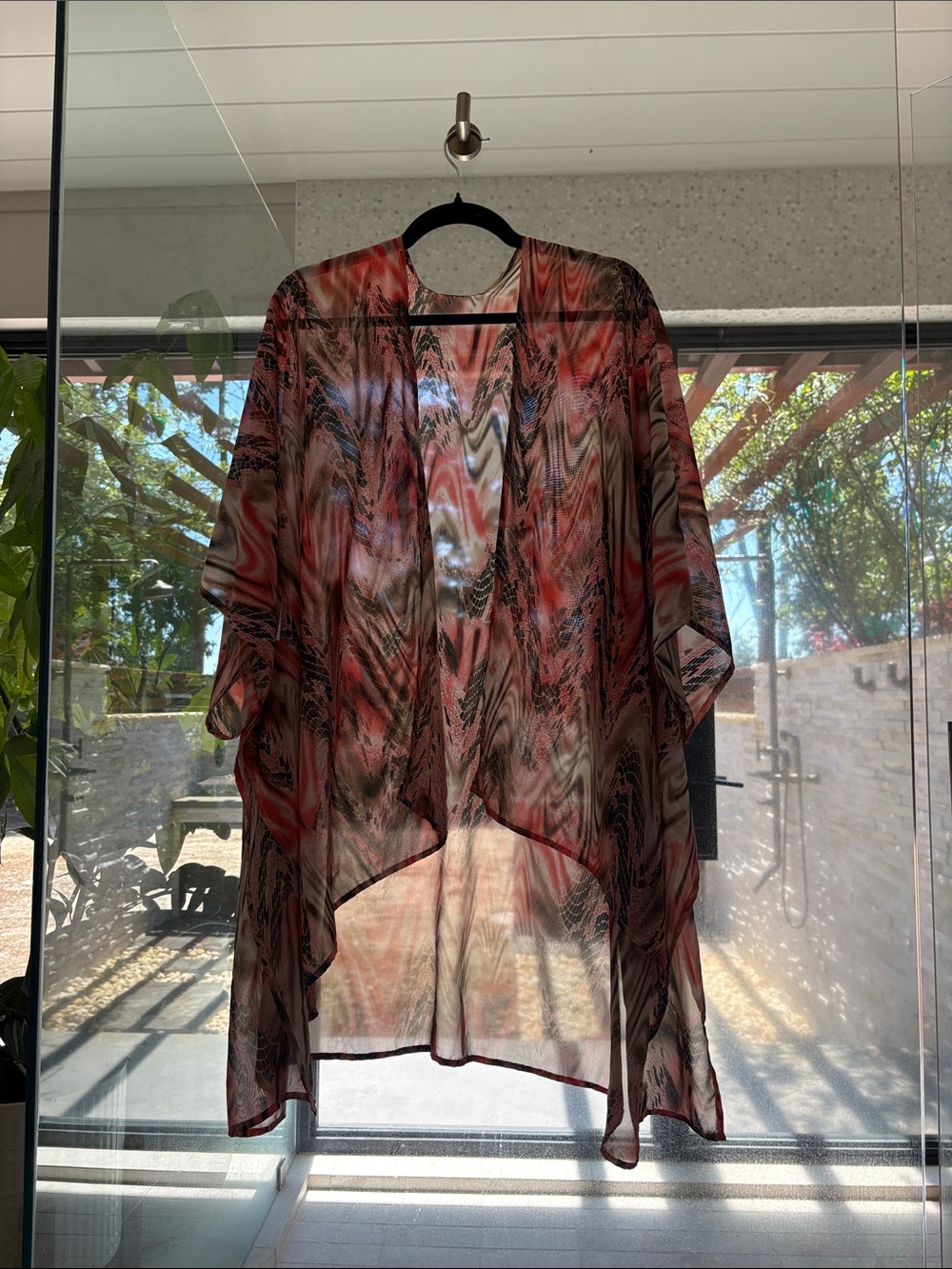 Sheer Marble-Print Kimono Cover-Up in Coral and Black